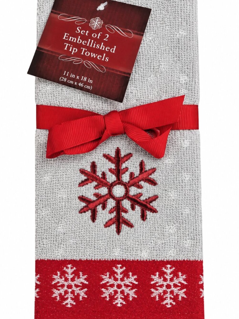 Christmas Fingertip Towels Snowflake Embroidered Gray Red 100% Cotton Set of 2